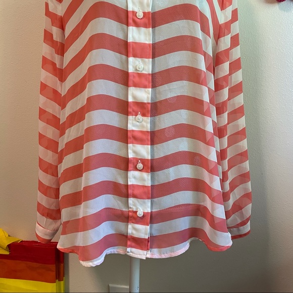 LC Lace Peterpan Collar Horizontal Coral Stripe Button Long sleeve XL Blouse - Picture 8 of 9